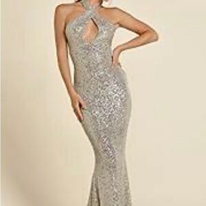 NWT Venus champagne sequin key hole maxi cocktail dress size L.